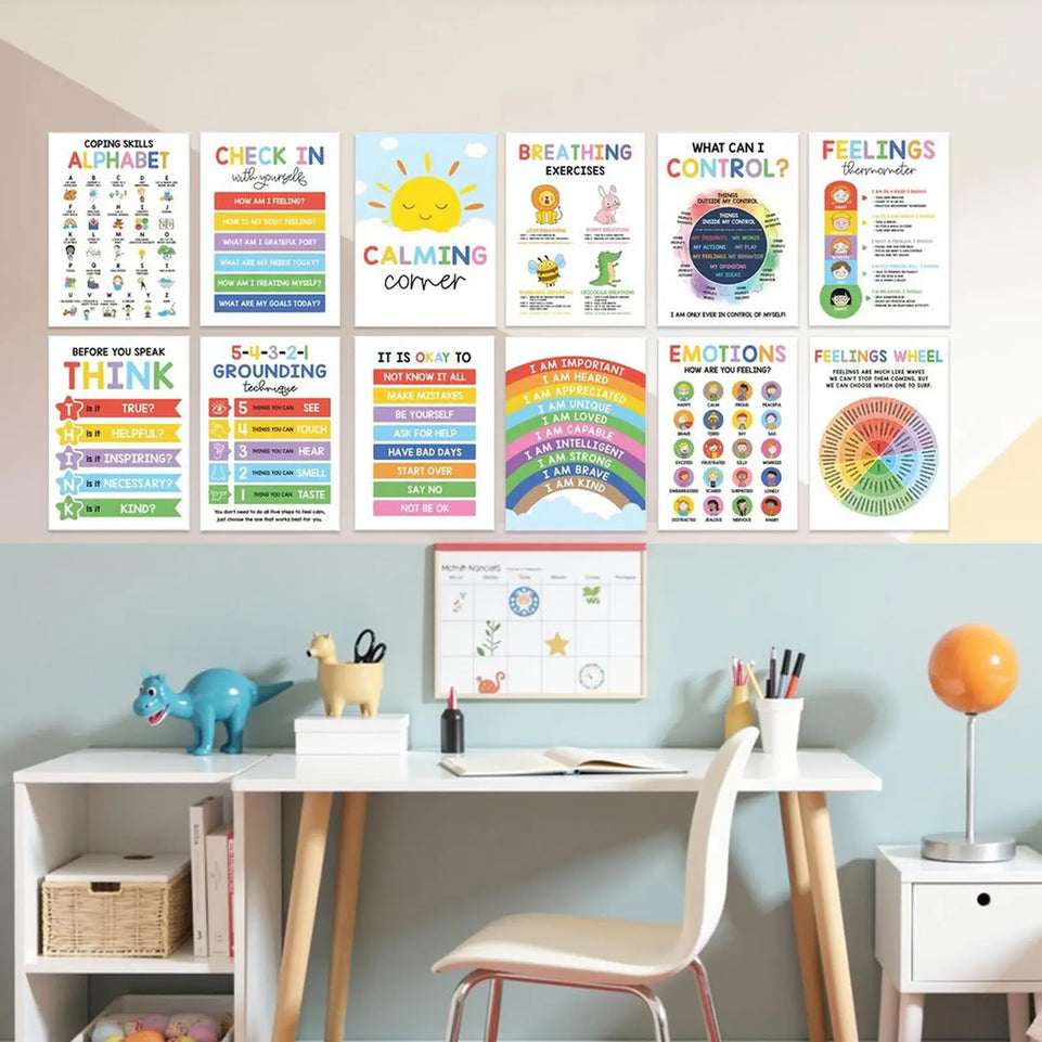 12pcs Mental Health Psychology Coping Skills Poster Kids Calming Corner Posters Classroom Emotions Painting Wall Art Picture