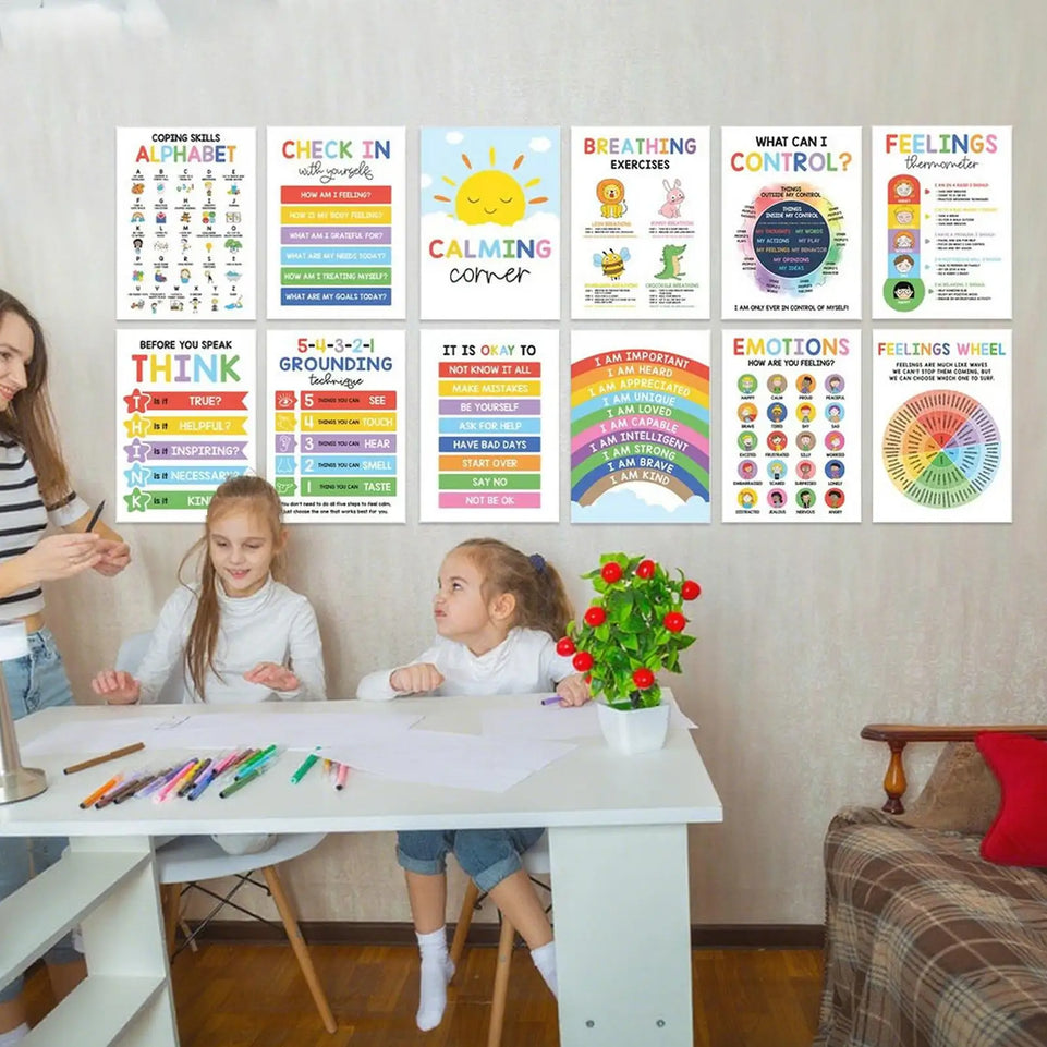 12pcs Mental Health Psychology Coping Skills Poster Kids Calming Corner Posters Classroom Emotions Painting Wall Art Picture