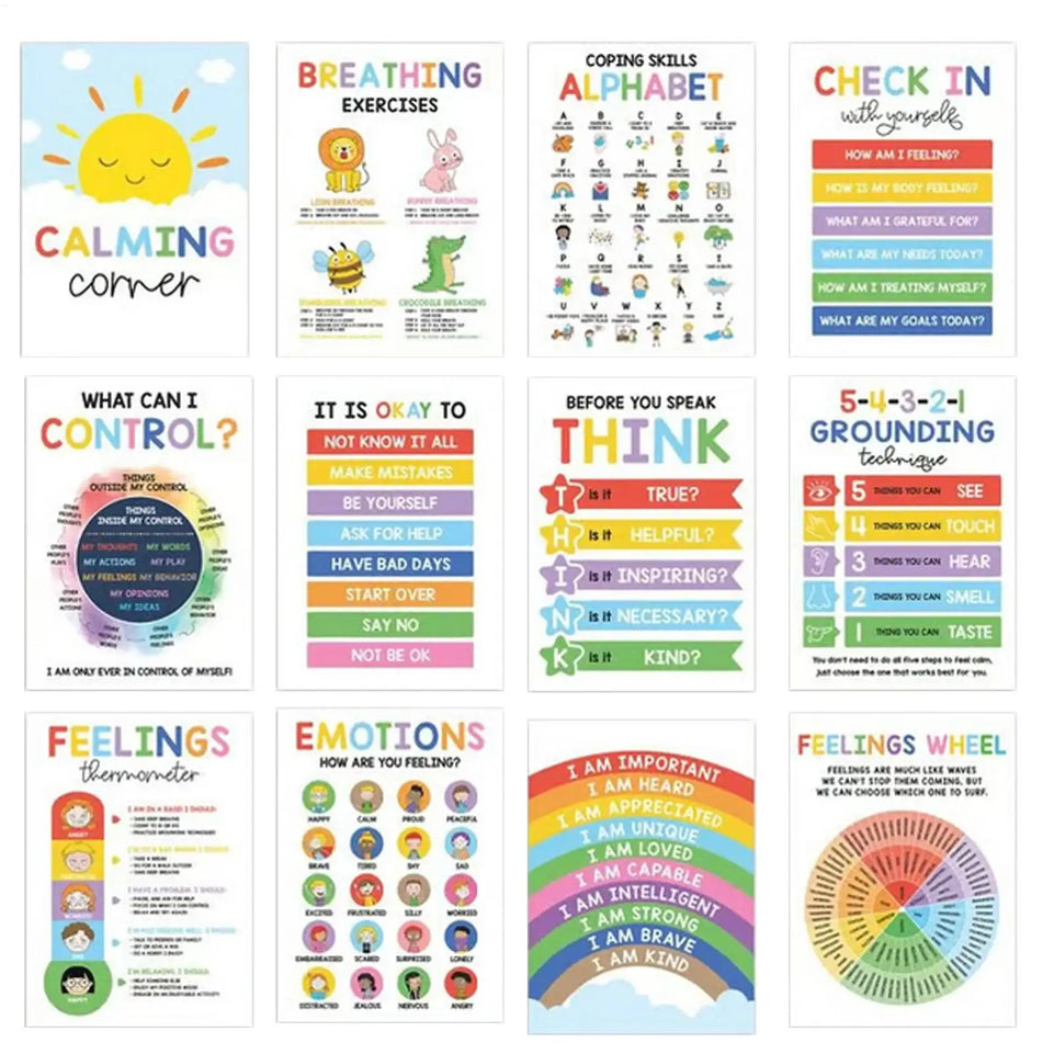12pcs Mental Health Psychology Coping Skills Poster Kids Calming Corner Posters Classroom Emotions Painting Wall Art Picture