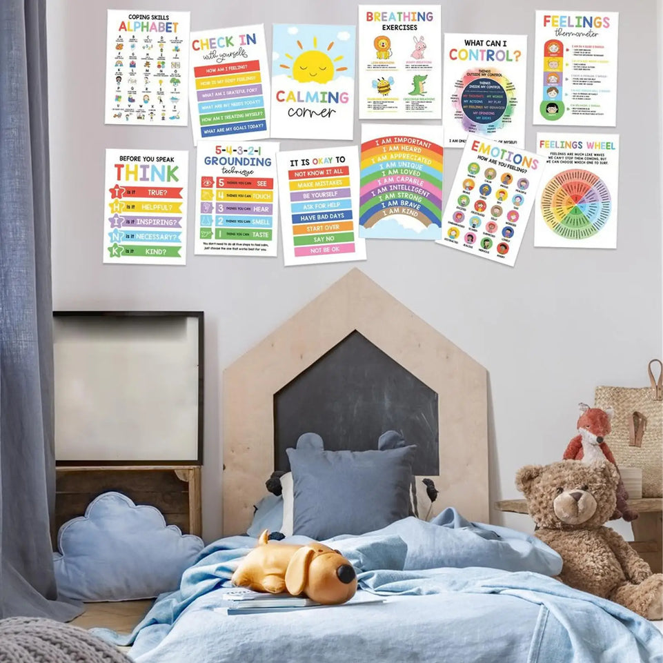12pcs Mental Health Psychology Coping Skills Poster Kids Calming Corner Posters Classroom Emotions Painting Wall Art Picture