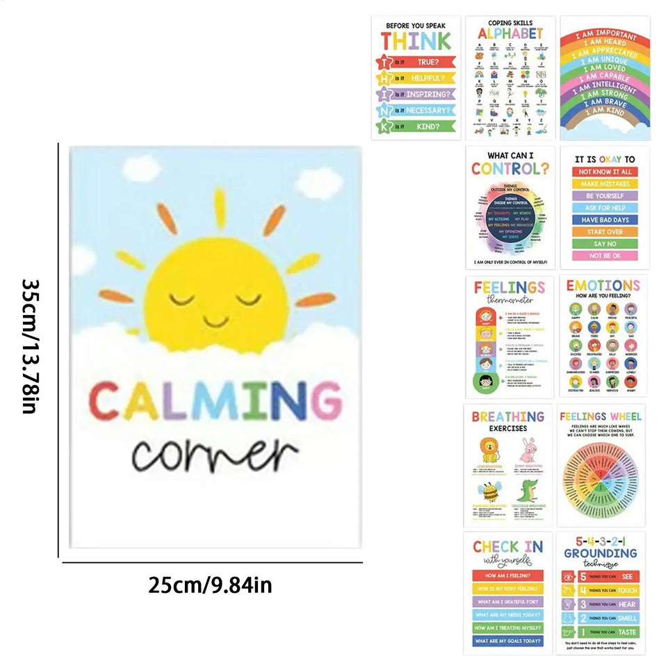 12pcs Mental Health Psychology Coping Skills Poster Kids Calming Corner Posters Classroom Emotions Painting Wall Art Picture