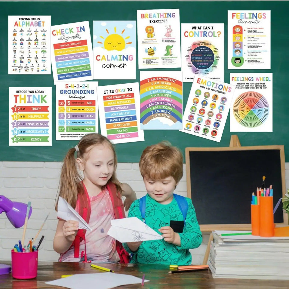 12pcs Mental Health Psychology Coping Skills Poster Kids Calming Corner Posters Classroom Emotions Painting Wall Art Picture