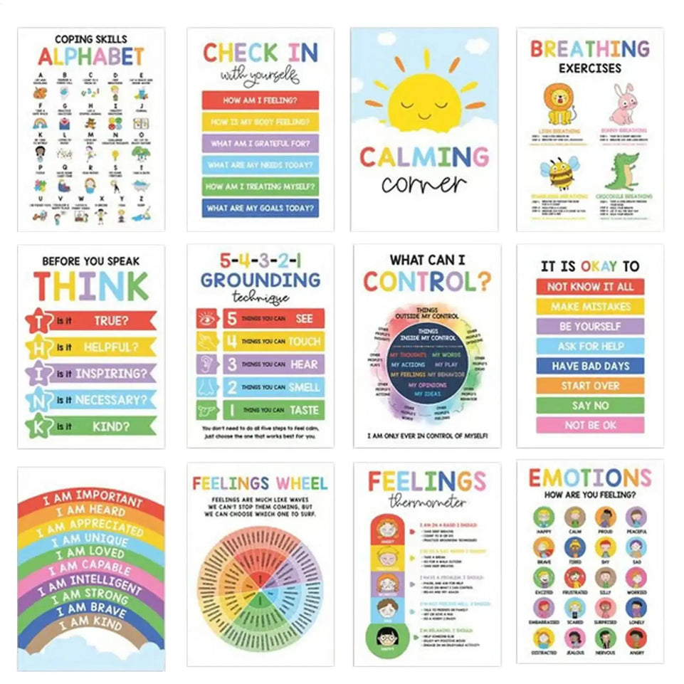 12pcs Mental Health Psychology Coping Skills Poster Kids Calming Corner Posters Classroom Emotions Painting Wall Art Picture
