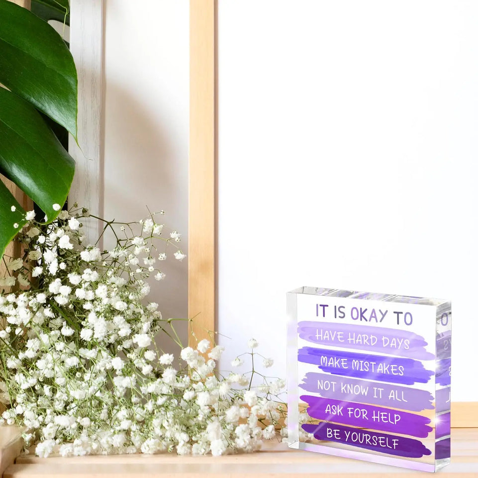 Mental Health “It is Okay to...” Desk Sign - 4x4 Inch Purple Acrylic Affirmation Decor for Women, Therapy Office Decor