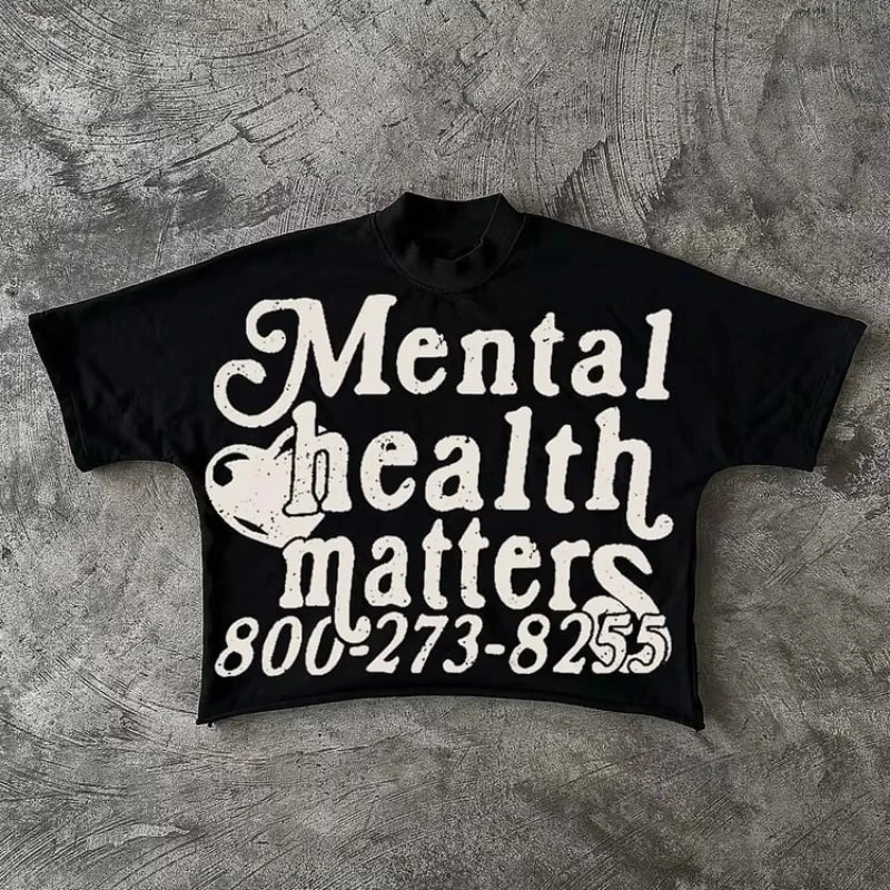 Mental Health Matters Graphics 100% Cotton Cropped T-Shirts Men Y2K Short Sleeves Vintage Oversize Tshirt Streetwear Women Tops