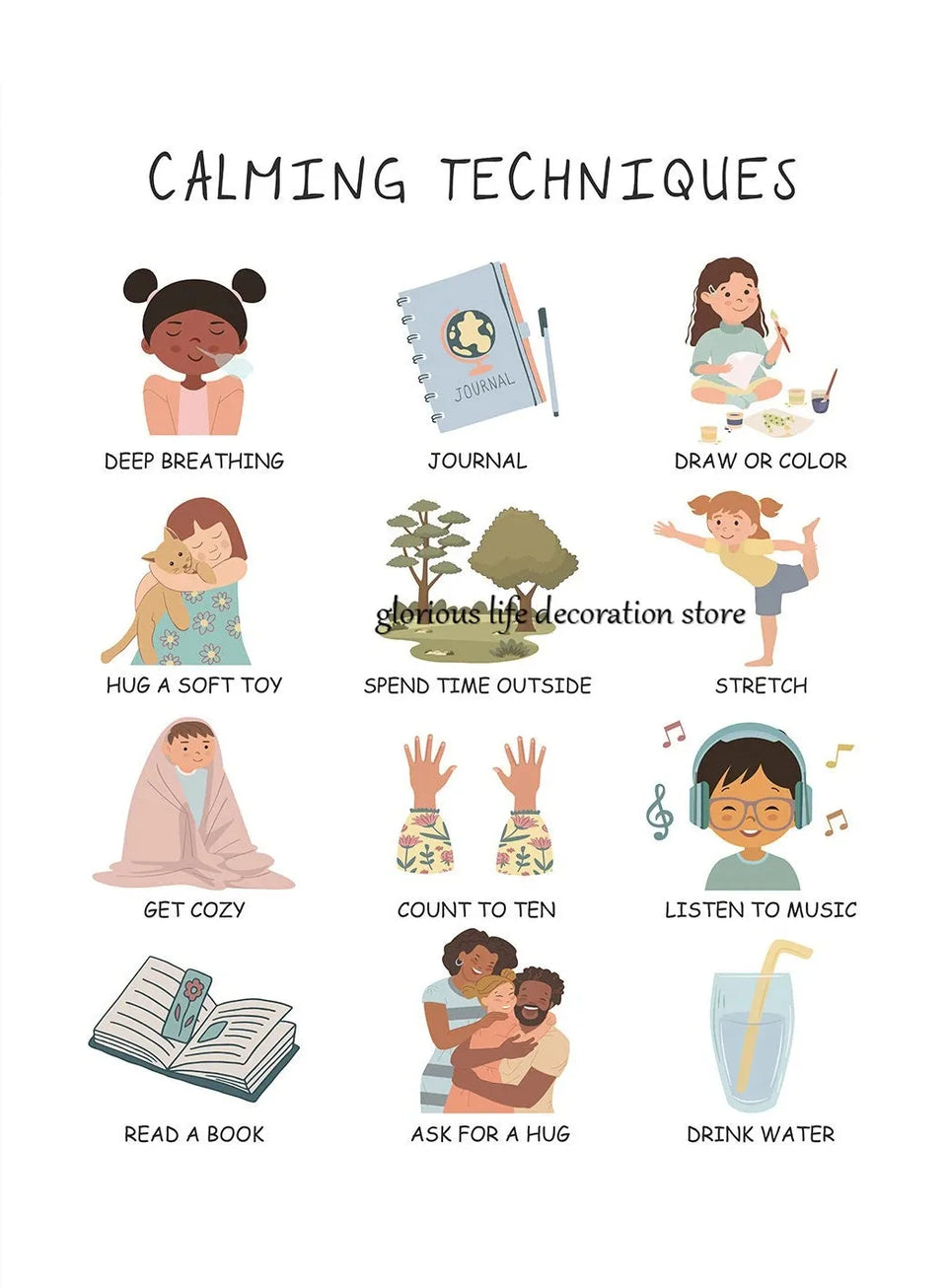 Mental Health Psychology Coping Skills Poster Poster Print Canvas Painting Wall Art Picture for School Kids Calming Corner Decor